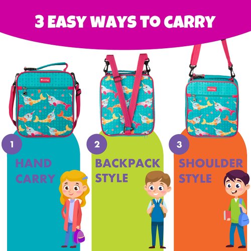 Bentology Convertible Soft Blue Narwhal Insulated Durable Lunch Bag For Kids-Zippered Outer Pocket-Adjustable Straps Convert to Backpack, Shoulder Bag or Lunch Box- Back To School & Travel