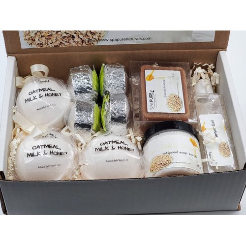 Spa Pure Luxury Spa Kit - 3 XL Bath Fizzies, 2 XL Shower Steamers, 3.5 oz Whipped Soap Scrub, Goat Milk Soap, Shower Gel (Oatmeal Milk & Honey)