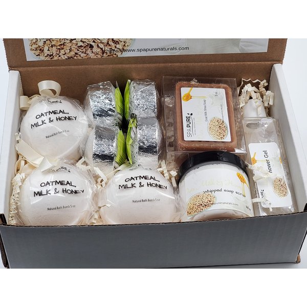 Spa Pure Luxury Spa Kit - 3 XL Bath Fizzies, 2 XL Shower Steamers, 3.5 oz Whipped Soap Scrub, Goat Milk Soap, Shower Gel (Oatmeal Milk & Honey)