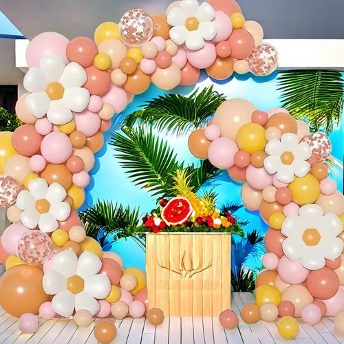 Dolleme 143Pcs Daisy Balloon Garland Arch Kit, Groovy Balloons Kit with Daisy Flower Rainbow Rose Gold Confetti Balloons for Boho Daisy Theme Birthday Baby Shower Wedding Party Decorations