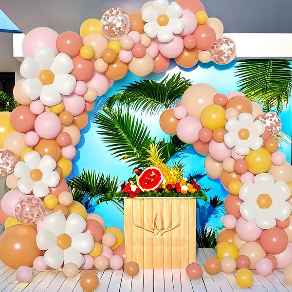 Dolleme 143Pcs Daisy Balloon Garland Arch Kit, Groovy Balloons Kit with Daisy Flower Rainbow Rose Gold Confetti Balloons for Boho Daisy Theme Birthday Baby Shower Wedding Party Decorations