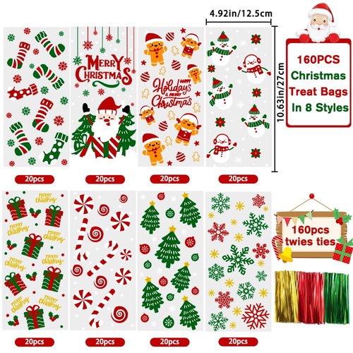 YUJUN 160 PCS Christmas Cellophane Treat Bags,Santa Claus Gift Goodie Candy Xmas Clear Cello Bags Twist Ties for Winter Christmas Theme Party Favor Supplies(8 Styles)