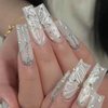 Foccna Press on Nails Super Long Rhinestone White Fake Nails Square Bling Glossy Butterfly False Nail Tips Artificial Nails Finger Manicure for Women and Girls-24pcs