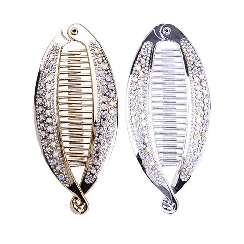 4 Pcs Faux Crystal Banana Hair Clip Ponytail Holder with Rhinestones, Hair Barrettes and Combs for Women Grils