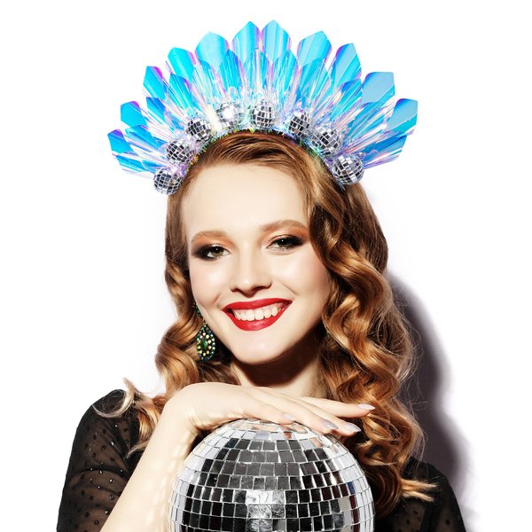 RENEMEGO Happy New Year Headband - Light Up Disco Ball Headpiece New Years Eve Headband Glitter Tiara New Years Eve Mardi Gras Carnival Cosplay Rave Party Hair Accessories