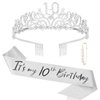 Semato 10th Birthday Decorations for Girls - Silver 10th Birthday Crown and Birthday Glitter Sash Kit for Girls 10th Birthday Gifts for Girls Birthday Party Supplies and Favors