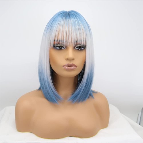 xiweiya Wigs Ombre Blonde White Wig with Air Bangs Hair Blue/Blonde/Blue Short Bob Wigs Synthetic Straight Heat Resistant Fiber Full Machine Made Wigs for Women, Drag Queen Cosplay