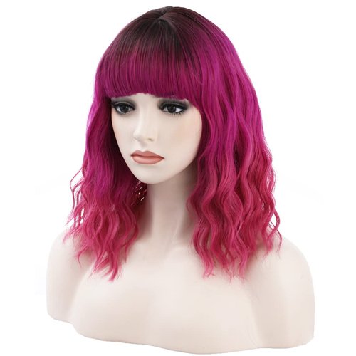 BERON 14 Inches Dark Root Ombre Hot Pink Wig Short Curly Wig with Bangs Rose Red Wig Synthetic Wigs Women Girls Ombre Wig with Wig Cap