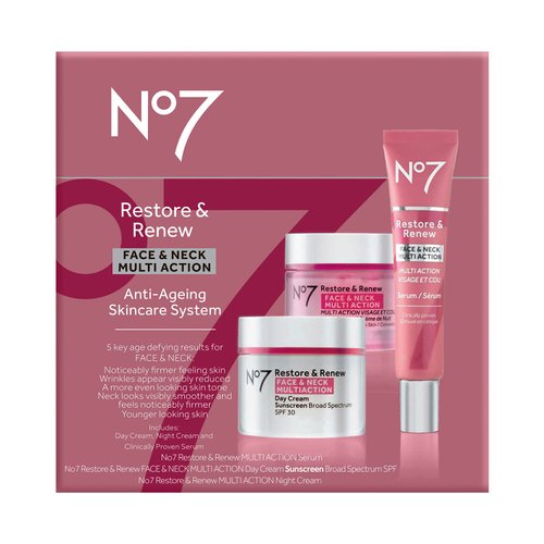 No7 Restore & Renew Face & Neck Multi Action Skincare System - SPF 30 Face Moisturizer & Anti-Aging Facial Serum For Deep Wrinkle Repair + Hydrating Night Cream with Hyaluronic Acid - (3 Piece Kit)