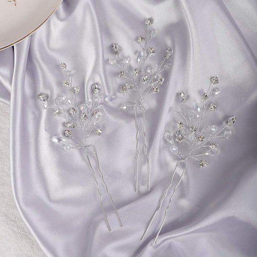 YERTTER 3 Pcs Wedding Hair Pins Decorative Rhinestones Crystal Vine Bridal Bun Clip Accessories for Brides and Bridesmaids (Silver)