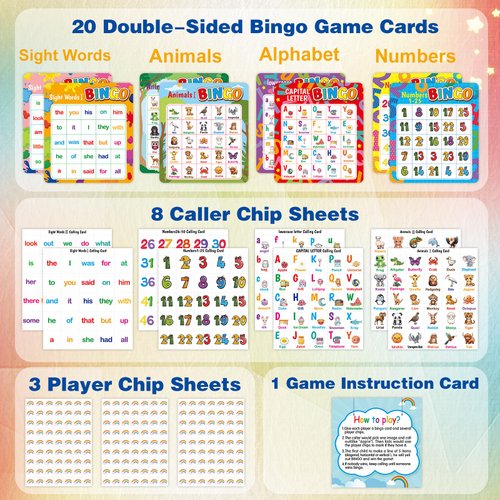 Alphabet Bingo Game Kids Sight Word Bingo Set Number Letter Animal Board Game for Kindergarten Preschool Counting and Matching Skills Development Family Game Night Classic Educational Supplies