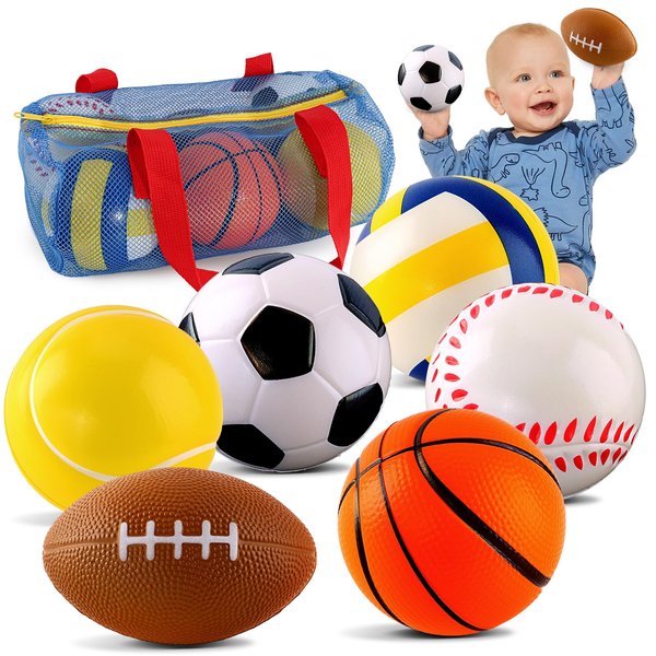 Balls Toys Gift for Toddlers 3 4 5 Years Old,6 Small Sports Foam Balls for Baby with Soccer Ball,Basketball,Football,Baseball,Tennis Ball and Volleyball,Mini Soft Balls for Kids Boys Girl