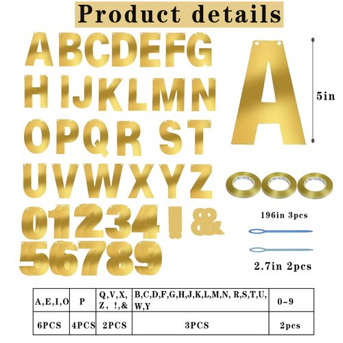 116 Pcs DIY Glitter Customizable Banner Kit Custom Banner Including 111 Letters and Numbers 3 Rope and 2 Threading Device for Personalized Decor for Women's Day Birthday Banner (Bright Gold)