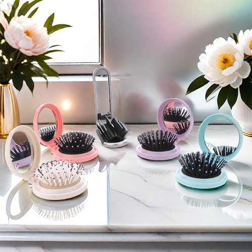 5 Pcs Travel Mirror Hair Brushes Folding Pocket Hair Brush with Mini Makeup Mirror for Travel Men Women and Girls (4 Pcs Round and 1 Pcs Rectangle Shape)