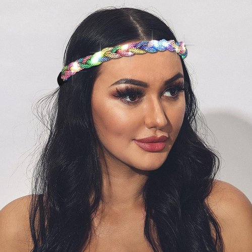 JEAIRTS Led Rhinestone Headband Crystal Headpieces Sparkly Forehead Head Chain Elastic Braided Hair Band Halloween Prom Hair Jewelry for Women and Girls (3-Colorful)