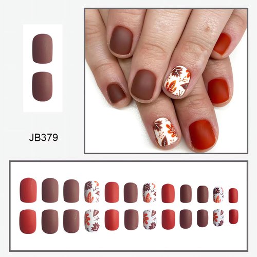 Square Press on Nails Short Fall Fake Nails Matte Autumn False Nails with Maple Leaf Designs Cute Acrylic Nails Press ons Fall Leaf Glue on Nails Reusable Stick on Nails for Women Girls 24Pcs