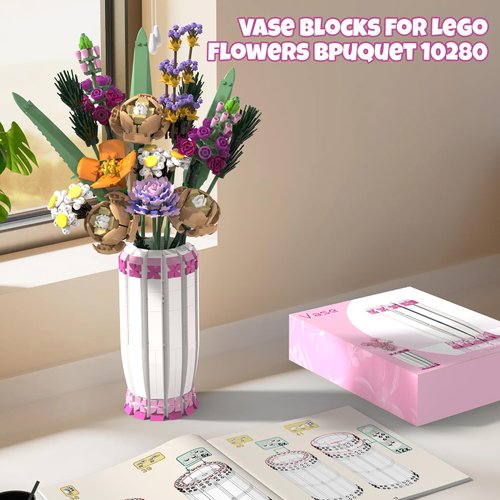 Vase for Lego 10280 10328 Flower Bouquet Building Decoration Set and Artificial Flowers, Pink Vase Building Blocks for Valentine's Day Gift for Her and Girls, Home Decoration, Vase Only