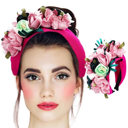 Sinalty Boho Wide Headbands Flowers Pink Headband Non Slip Handmade Hair Bands for Women's Hair Festival Prom Party Headwear (Pink)