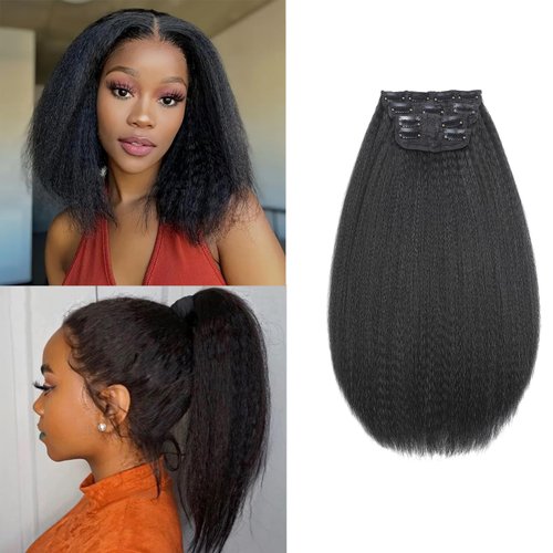 Kinky Straight Clip Ins Hair Extensions Natural Black for Black Women Full Head Yaki Kinky Straight Clip in Hair Synthetic 4PC 11Clips 110g/Set (12 inch)