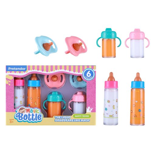 Pretendor 6 Pieces Magic Disappearing Milk and Juice Bottle with Pacifier,Pretend Play Feeding Toy Set for Girl,4 Bottles and 2 Pacifiers Baby Doll Accessories
