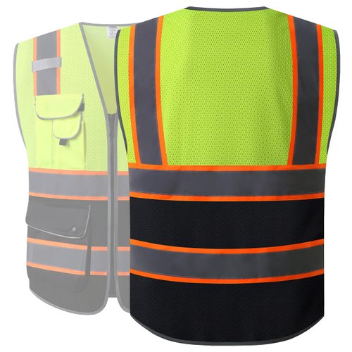 JKSafety 9 Pockets Class 2 High Visibility Dual Color Zipper Front MESH Lite Safety Vest | Orange Color Triming Reflective Strip | ANSI/ISEA Standards (100-Yellow-Black, XL)