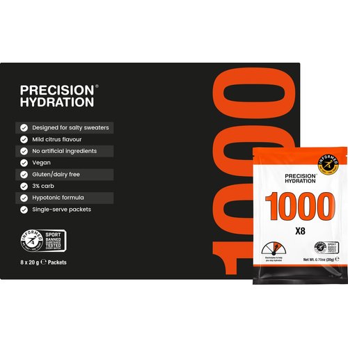Precision Hydration Electrolyte Drink Mix - No Artificial Ingredients, Multi Strength Electrolyte Powders - Individual Waterproof Servings - Gluten/Dairy Free (1000mg/L - Orange Packet, Pack of 8)
