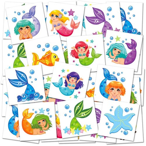 ArtCreativity Mermaid Temporary Tattoos for Kids - Bulk Pack of 144 Tattoos in Assorted Mermaid Designs, Non-Toxic 2 Inch Tats, Birthday Party Favors, Goodie Bag Fillers, Non-Candy Halloween Treats
