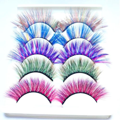 Sunniess Ombre Colored Lashes Silk Protein Fluffy Wispy Volume Fake Lashes for Halloweens Cosplay Party Stage Russian D Curl Lashes with Color Make up Faux Mink False Eyelashes