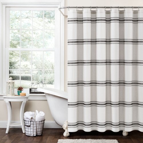 Lush Decor Farmhouse Stripe Cotton Shower Curtain, 72" W x 72" L, Black - Classic Modern Rustic Charm Bathroom Decor