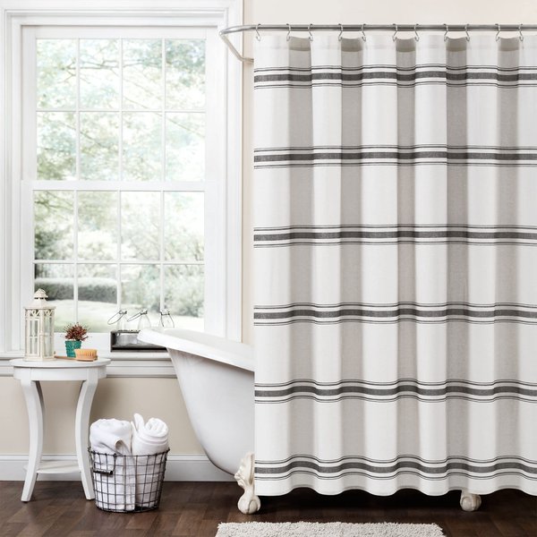Lush Decor Farmhouse Stripe Cotton Shower Curtain, 72" W x 72" L, Black - Classic Modern Rustic Charm Bathroom Decor