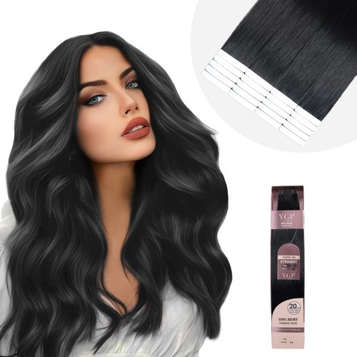 YGP Tape in Hair Extensions Human Hair 18 Inch 50g 20 Pcs Jet Black Tape in Extensions Double Side Durable Invisible Tape Hair Extensions