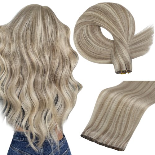 Full Shine 22 Inch Human Hair Weft Sew In Hair Extensions Real Human Hair Hand Tied Hair Extensions Straight Remy Hair For Women Color Ash Blonde Highlight Bleach Blonde Bundles Human Hair 60G