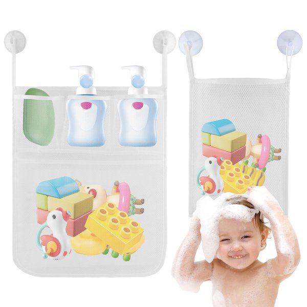 Ranjaner 2Pcs Mesh Bath Toy Organizer, Bath Toy Storage, Hanging Bath Toy Holder, Baby Bath Tub Toy Storage Net with Pockets and Suction Hooks for Kids & Toddlers(Transparent)