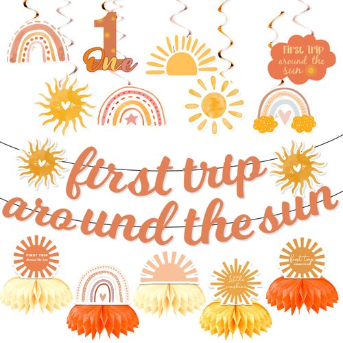 First Trip Around The Sun Decorations, First Birthday Decorations for Girl Include Boho Sun Banne...