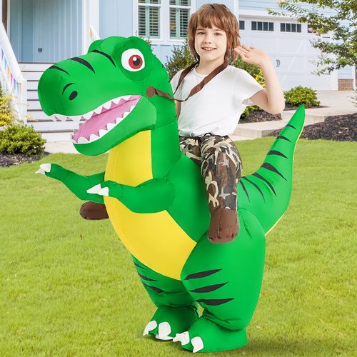 COMIN Inflatable Dinosaur Costume Kids, Ride on T-rex Blow Up Dino Costume Green Funny Dress for Halloween Party 2-3Y