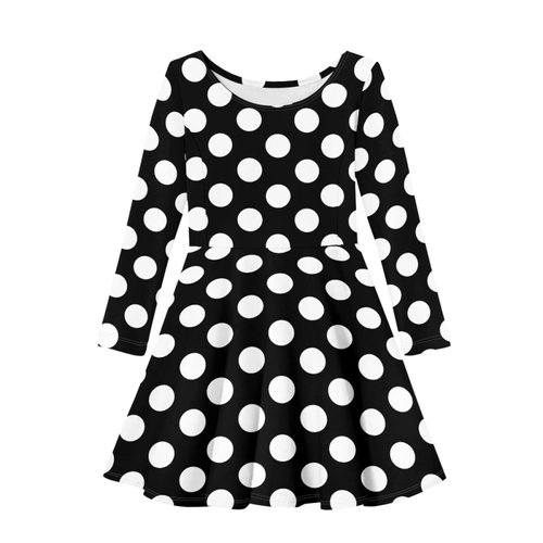 Long Sleeve Vintage Black Polka Dot Dress for Little Girls Swing Loose Fit Twirly A Line T Shirt Dress Size 5-6 Years Old Cute Casual Daily Holiday Party Twirly Skater Dress Novelty Princess Costume