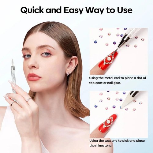 Hcirjhie Rhinestone Picker Tool 2 Acrylic Handle Rhinestones Applicator Dual-Ended DIY Nail Art Tool Nail Dotting Tool Double Head Wax Pen, Rhinestone Pickup Tools