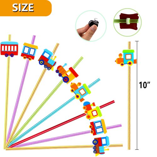 24 Pack Train Theme Straws 6 Colors Reusable Plastic Straws Drink Cocktail Straws with Cartoon Decoration Kids Train Party Supplies Birthday Party Favors with 2 Cleaning Brushes