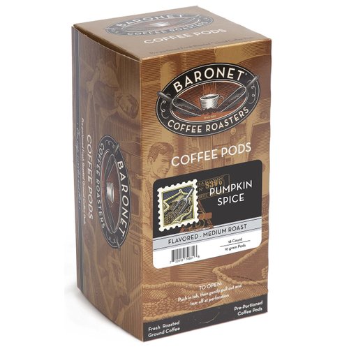 Baronet Coffee Pods [Pumpkin Spice Latte-54 Pods] Flavored Single Cup Use, Like Senseo Coffee Pods [3 Boxes of 18 Single Serve 10 Gram Pads] Regular Strength Soft Coffee Pods, Medium Roast [PSL]