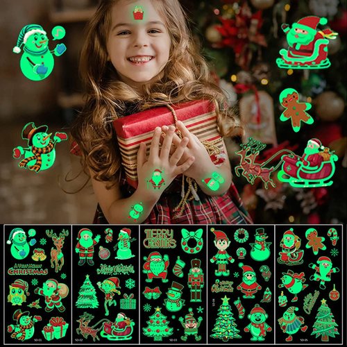 Christmas Temporary Tattoo for Kids, 10 Sheets Christmas Luminous Tattoos Stickers Christmas Party Tattoo Supplies Santa Claus Elk Snowmen Christmas Tree Hat Fluorescent Face Tattoos Body Makeup Kits