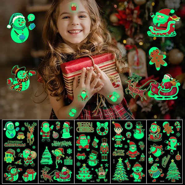 Christmas Temporary Tattoo for Kids, 10 Sheets Christmas Luminous Tattoos Stickers Christmas Party Tattoo Supplies Santa Claus Elk Snowmen Christmas Tree Hat Fluorescent Face Tattoos Body Makeup Kits