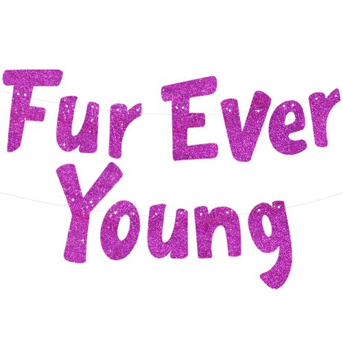 BEISHIDA Purple Glitter Furever Young Banner,No DIY,Dog/Cat Birthday Decoration Banner, Funny Par...