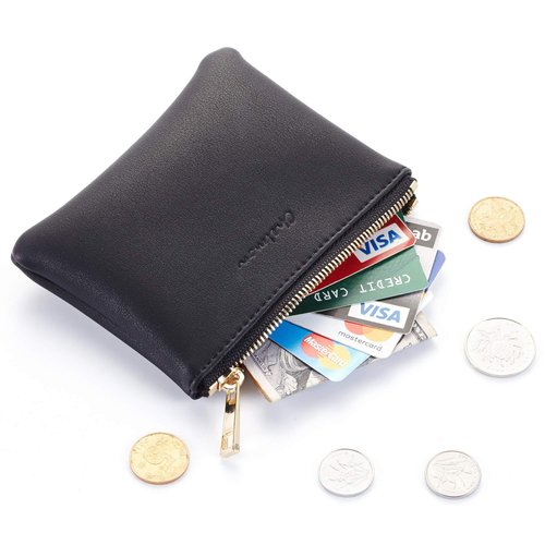 Chelmon Vegan Leather Coin Purse Pouch Change Purse With Zipper For Men Women (Black Up)