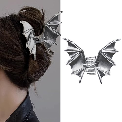 Halloween Hair Claw Clips Bat Hair Clip Silver Metal Non-Slip Jaw Clips Bat Wings Design Punk Style Hair Barrettes Cosplay Party Halloween Hair Accessories for Women Girls Thick or Thin 1PCS