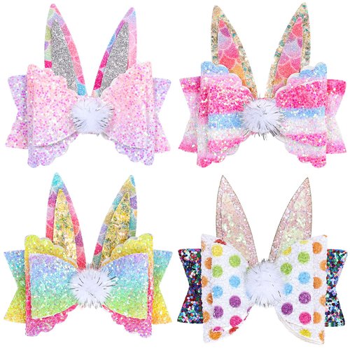 Whaline 4Pcs Easter Hair Bow Clips Glitter Leather Bow Hair Pins Cute Bunny Rabbit Shape Bow Alligator Hair Barrettes Colorful Hairgrips for Toddlers Girls Kids Easter Holiday Party Hair Accessories