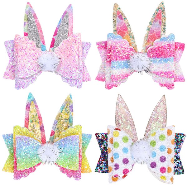 Whaline 4Pcs Easter Hair Bow Clips Glitter Leather Bow Hair Pins Cute Bunny Rabbit Shape Bow Alligator Hair Barrettes Colorful Hairgrips for Toddlers Girls Kids Easter Holiday Party Hair Accessories