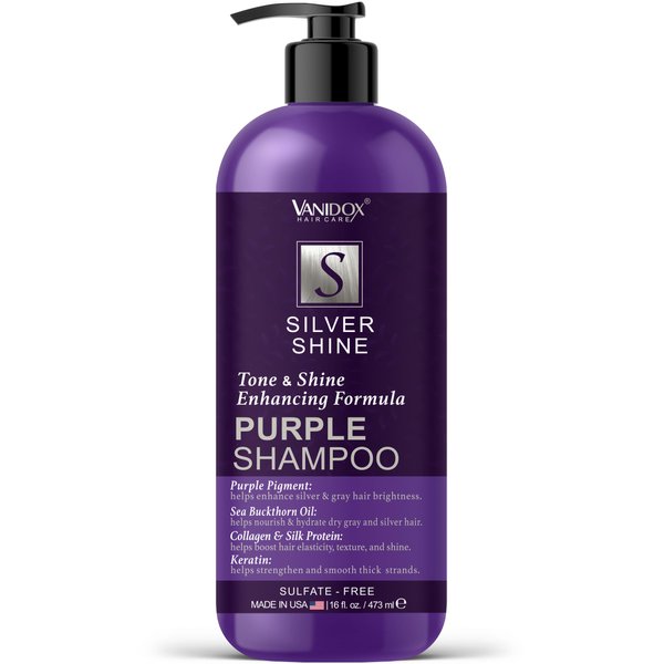 VANIDOX Sulfate Free Purple Shampoo for Grey and Silver Hair, Brass Toning Purple Shampoo Infused with Purple Pigment, Purple Shampoo for Gray Hair for Women (16 fl oz)