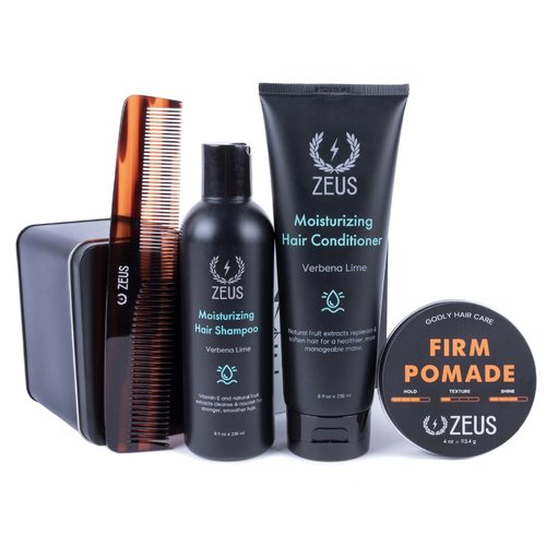 ZEUS Hair Wash & Style Set - Moisturizing Shampoo, Hydrating Conditioner, Hair Comb & Styling Hair Pomade Kit for Men (Firm Hold)