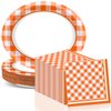 QOUBAI Gingham Oval Paper Plates 11inch Orange and White Checkered Plates and Napkins, Dish Tray for Fall Party Thanksgiving Party Supplies BBQ Picnic Carnival Baby Shower Birthday Tableware, 25 Guest