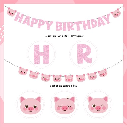 Pink Pig Happy Birthday Banner Pig Garland Cute Pig Birthday Party Supplies for Girl Pig Theme Birthday Decoration Piggy Party Supplies